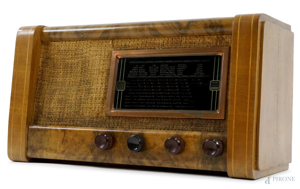 Radio a valvole anni '40, cassa in radica, cm h 29,5x55x22, (segni del tempo).