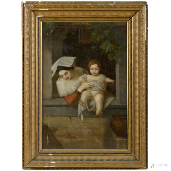 Maternità, XX secolo, copia da Giuseppe Mazzolini (1806-1876), olio su tela, cm 63x47,5, entro cornice, (abrasioni, graffi, segni di usura)