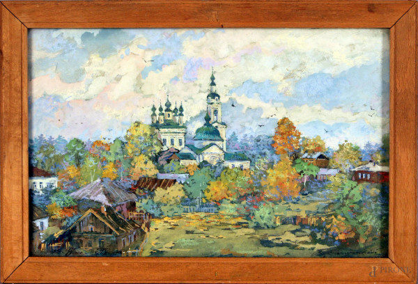 Paesaggio russo, acquarello su carta, cm. 15,5x24, firmato entro cornice.