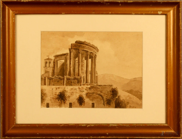 Tempio della Sibilla, acquarello su carta, cm. 18x23, firmato Ducros, entro cornice.