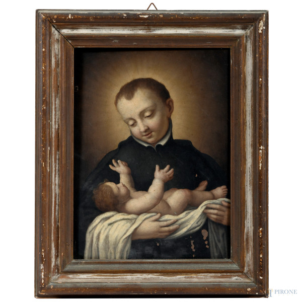 Santo con Bambino, XIX secolo, olio su rame, cm 32,5x24, entro cornice (cadute di colore, difetti)