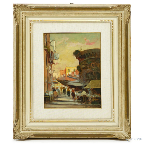 Il mercato, olio su tavola, firmato in basso a destra, cm 39,5x29,7, entro cornice