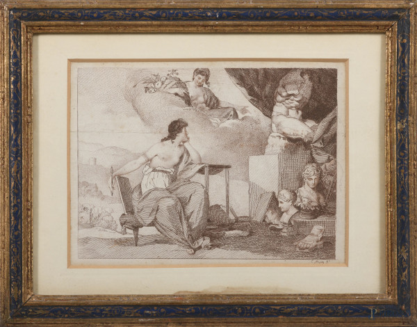 Conrad Metz (1749-1827) Allegoria della pittura, incisione su carta, cm 18x24 compreso passepartout, entro cornice, (segni di usura, foxing, gore, tracce di umidità, segni di piegatura)