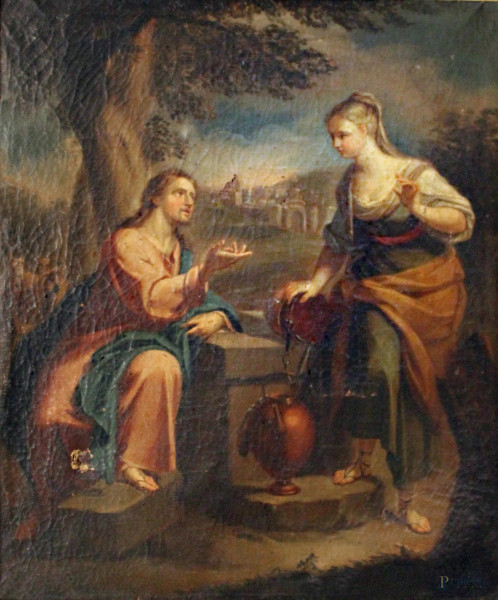 Cristo e la samaritana, olio su tela, XVIII sec., cm 73 x 63, entro cornice.