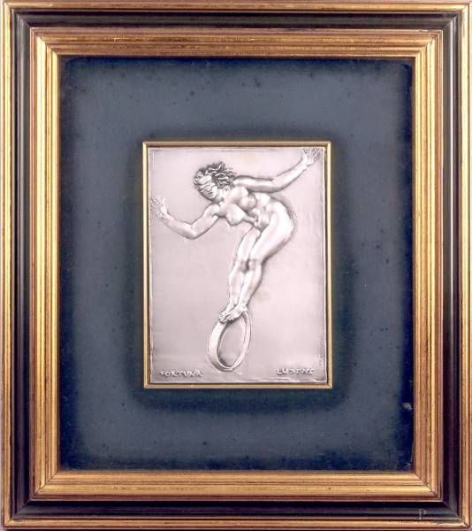 Francesco Messina - Fortuna, Ludens, multiplo su lastra d&#39;argento, cm. 19x14, entro cornice,