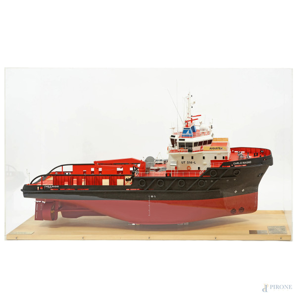Modello della nave "Carlo Magno", XX secolo, entro teca in plexiglass, cm 70x124x38
