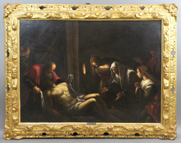 Seguace di Leandro Bassano (1557-1622), Deposizione di Cristo dalla croce, olio su tela, cm. 65.5x86, entro cornice.