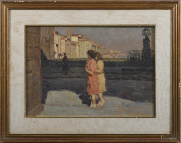 Ponte Vecchio, XX secolo, olio su compensato, cm 32x46, firmato in basso a destra, entro cornice
