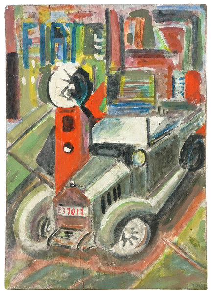 Auto d'epoca, olio su compensato, cm 43x30,5, XX secolo