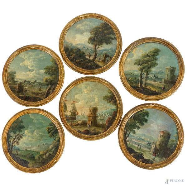 Sei piccoli dipinti tondi raffiguranti paesaggi, olio su tavola, XIX secolo, diametro tot. cm 18.5, (difetti)
