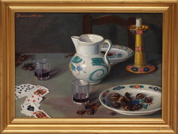 Arturo Barazzutti - Natura morta con carte e vasellame, olio su tela, cm 50x65, datato 1930, entro cornice.