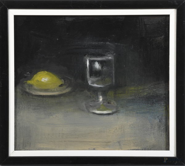Edoardo Krumm (1916-1993), Bicchiere con limone, tecnica mista su tela, cm 42x47, firmato al retro, entro cornice