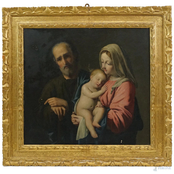 Giovanni Battista Salvi detto il Sassoferrato (1609–1685) copia da, Sacra famiglia, olio su tela, cm 84,5x90, XIX secolo, entro cornice, (difetti sulla tela)