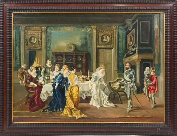 Cortigiani e cavalieri, olio su tela, cm 72x100, firmato De Pasas, entro cornice.