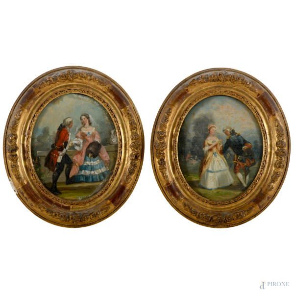 Coppia di scene galanti, tempera su cartoncino, fine del XIX secolo, cm 15x12,5 entro cornice (difetti)