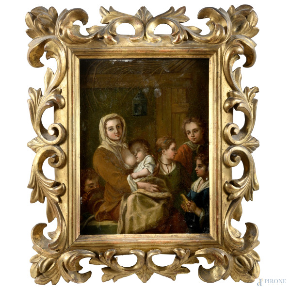 Maternità, XVIII-XIX secolo, olio su tavola, cm 27,5x21,5, entro cornice, (segni di usura, craquelure, lievi abrasioni e cadute di colore)