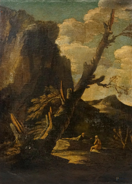 Pietro Montanini - Paesaggio roccioso con tronco d'albero ed eremiti, olio su tela, cm 61x46