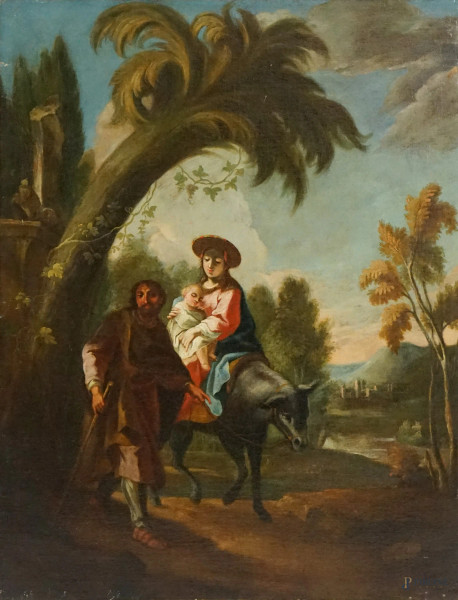 Pittore del XVII-XVIII secolo, Riposo dalla fuga in Egitto, olio su tela, cm 82x63.