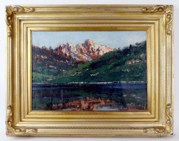 Paesaggio montano con lago, olio su tavola, cm 32,5x47, firmato, entro cornice.