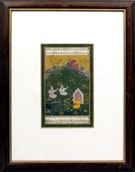 Antica pagina miniata, cm. 22x14, arte persiana, entro cornice.