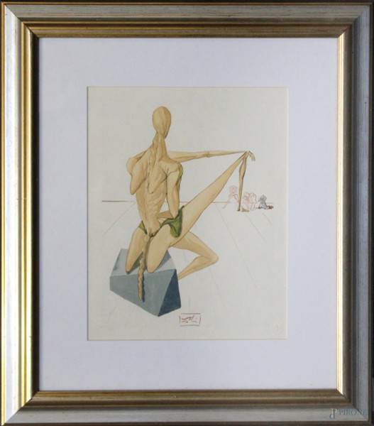 Salvador Dal&#236; - figura metafisica, lito a colori 29x22 cm, entro cornice.