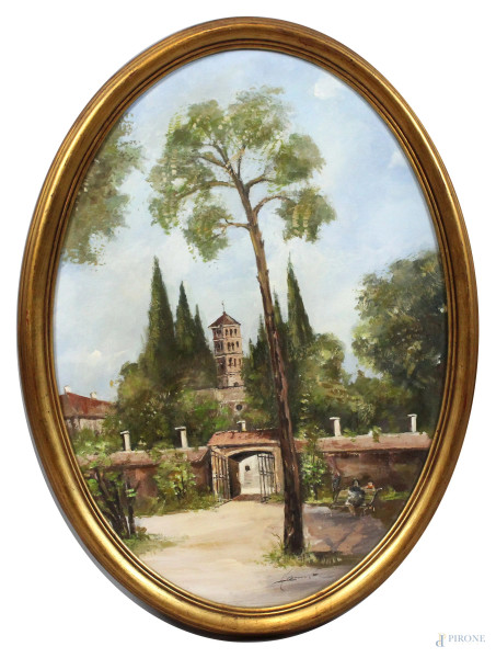 Paesaggio con campanile, olio su tela, cm. 70x50 ad assetto ovale, firmato, entro cornice.