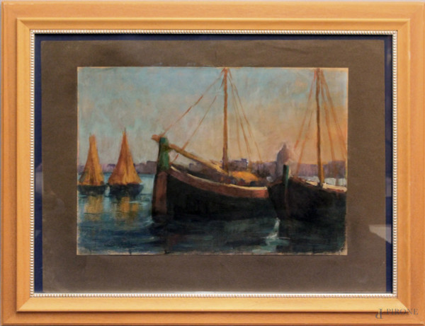 Marina con barche, olio su cartone cm 35x50, firmato T. Cascella, entro cornice.