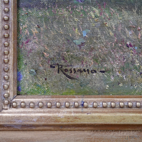 Paesaggio, olio su tela riportata su cartone, firmato, cm 28,5x56, entro cornice