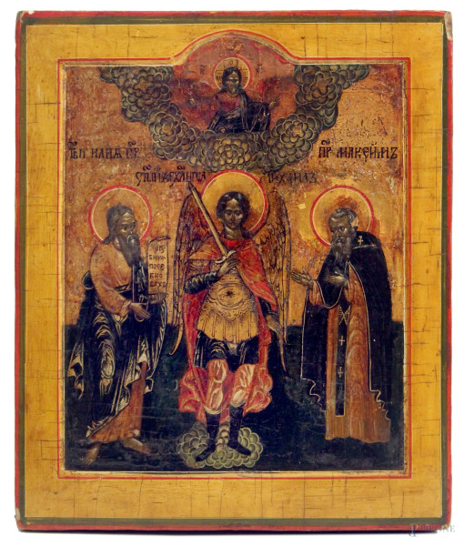 San Michele con Santi, icona a tempera su tavola cm 30x25, Russia XIX sec.