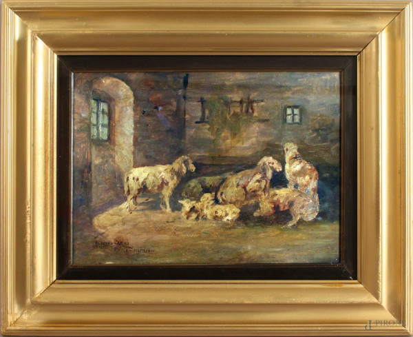 Interno di stalla con ovini, olio su tavola, cm. 25x34,5, firmato Alberto Carosi, entro cornice.
