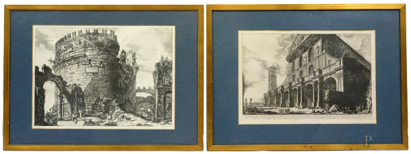 Coppia di incisioni da Giovan Battista Piranesi raffiguranti la Basilica di San Paolo fuori e Mura e il Sepolcro di Cecilia Metella, cm 37,5x51, entro cornici, (difetti)