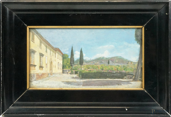 Esterno di villa, olio su tavoletta, firmato A. Zingoni, cm 13x24,5, entro cornice