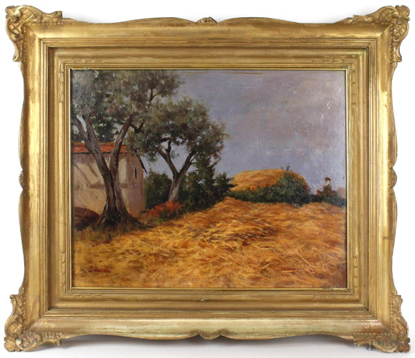 Paesaggio di campagna, olio su tavola, cm 40x50, firmato, entro cornice