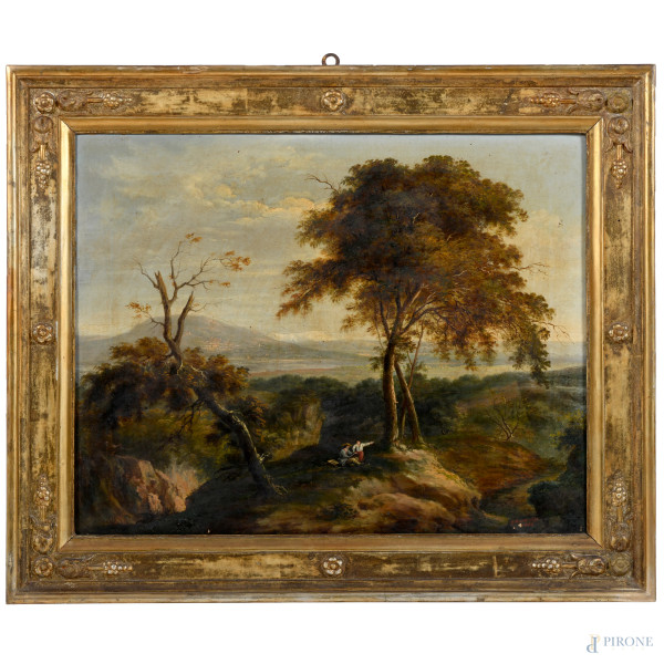 Paesaggio con figure, XIX secolo, olio su tela, cm 49x62, firmato e datato "1860" in basso a destra, entro cornice, (lievi segni di battitura, sollevamenti e cadute di colore, piccoli fori della tela)