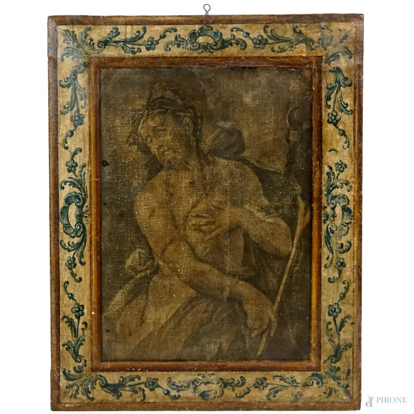 Ecce Homo, stampa su carta applicata su tela, cm h 80x63, fine XIX secolo, cornice dipinta, (difetti)