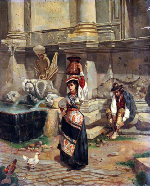 Scorcio di strada romana con fontana e figura, olio su tela, cm 50x61 cm, entro cornice, firmato e datato in basso a destra, (mancanze sulla tela)