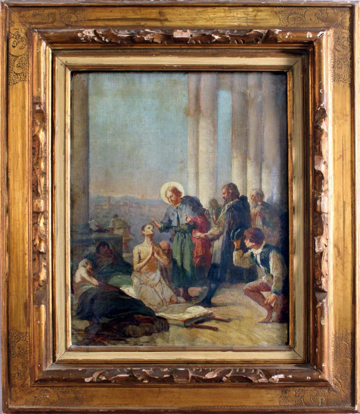 San Pietro guarisce lo storpio, olio su tela, cm. 46x37, firmato R. Moretti, entro cornice.