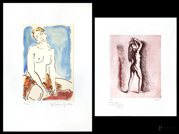 Artisti vari, lotto composto da due grafiche: Nudo femminile seduto, cm 35x50, esemplare 65/150, firmato e Nudo femminile in piedi, cm 31x38, esemplare n. 9/50, firmato