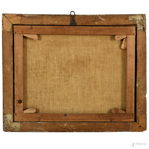 Pittore XVII secolo, Lot in fuga da Sodoma, olio su tela, cm 49,5x63,5, entro cornice