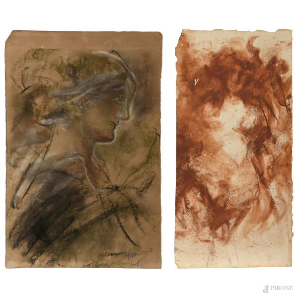 Lotto di due disegni a tecnica mista su carta e carta applicata su cartoncino, XX secolo, misure massime cm 32,5c21,5, uno firmato in basso a destra, (segni di usura, tracce di umidità, gore, foxing, lacerazioni della carta, tracce di piegatura)