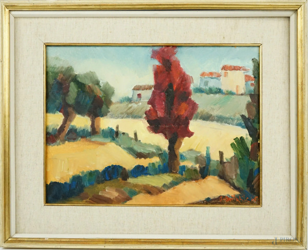 L'albero rosso Manziana, olio su tela, cm 30x40, firmato Alfonso Avitabile, entro cornice