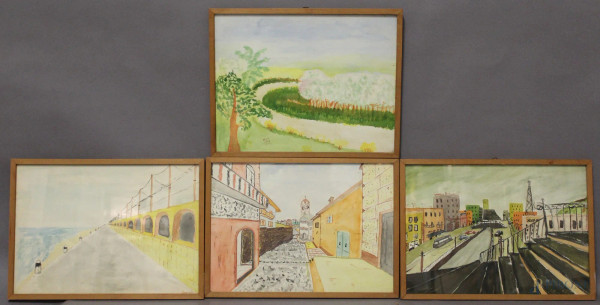 Armando Bandini - Paesaggi, lotto composto da quattro dipinti a tecniche diverse su carta, cm 23 x 32, entro cornici.