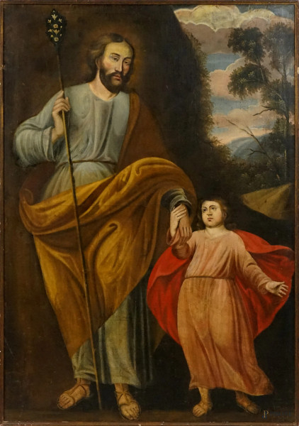 Pittore della fine del XIX secolo, San Giuseppe con il Bambino, olio su tela, cm 141x98, (difetti)