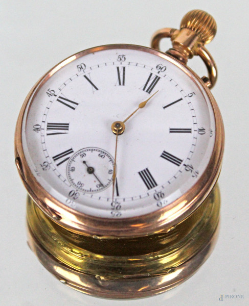 Orologio da tasca in oro 14 kt, inizi XX secolo, diametro cm 4, entro custodia originale, (parti sostituite, meccanismo da revisionare)