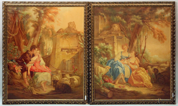 Pompeo Coccia - Coppia di paesaggi con figure e animali, olio su tela, 85x70, entro cornice 
