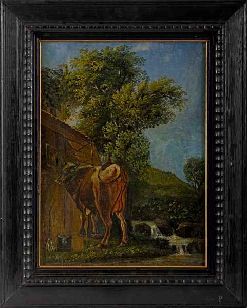 Scorcio di paesaggio con mucca, olio su tela applicata su cartone, cm 52x38,5, entro cornice, (difetti)