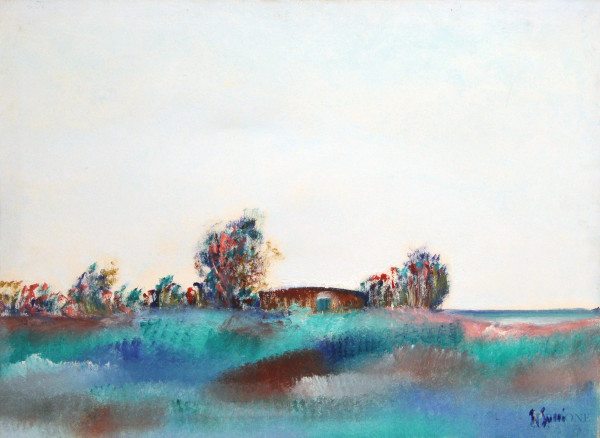 Giuseppe Succi, Paesaggio con capanna, olio su tela, cm 50x70, entro cornice.