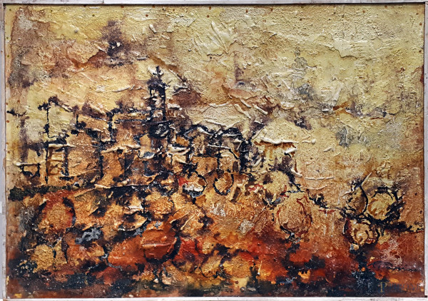 Roberto Papini (1921-2019), Composizione astratta, opera della fine degli anni 50, olio su tavola, cm 50x70, con cornice