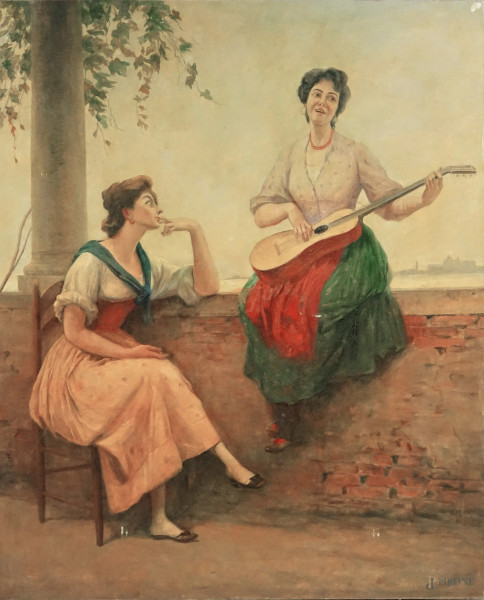 Melodia veneziana, olio su tela, cm 109x88, inizi XX secolo, (lievi difetti).