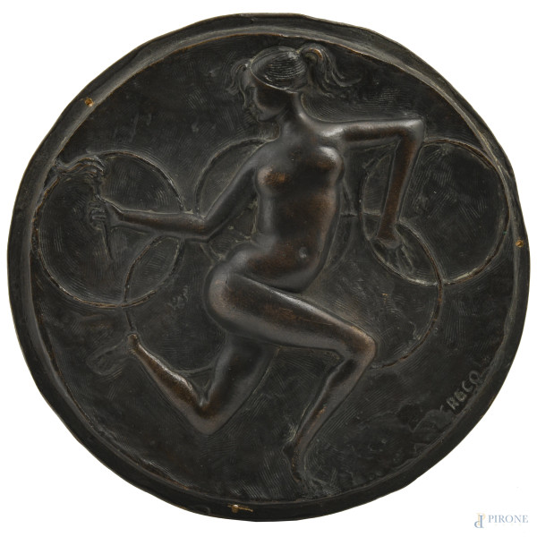Emilio Greco (1913 – 1995), Placca per le Olimpiadi del 1958, diametro cm 24,5, firmato a incisione in basso